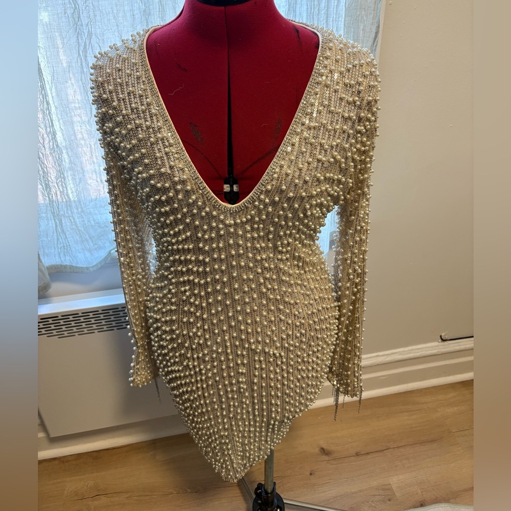 Fashion Nova Pearl Embellished Dress with Plunging Neckline